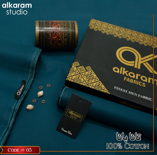 Al-karam 100% Pure Cotton-Deep Teal Green-Unstitched Men's Wear-Allow To Open