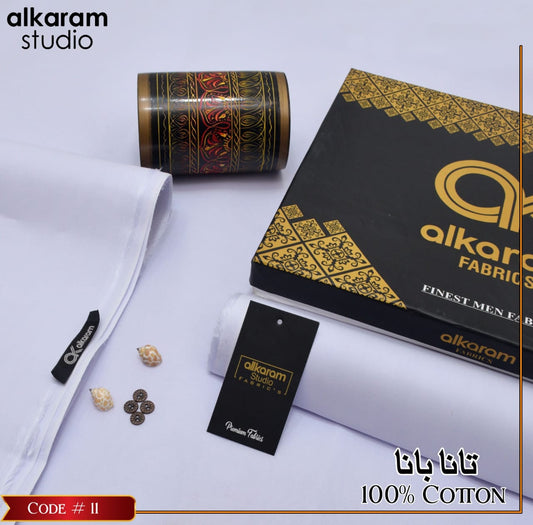 Al-karam 100% Pure Cotton-Pure White-Unstitched Men's Wear-Allow To Open