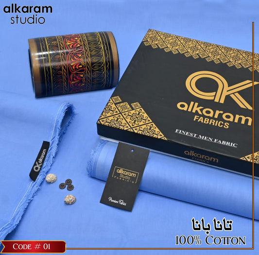 Al-karam 100% Pure Cotton-Sky Blue-Unstitched Men's Wear-Allow To Open