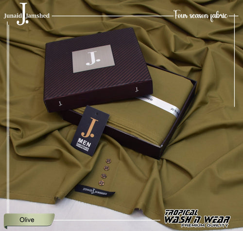 Junaid Jamshed Olive Green Tropical Premium Wash & Wear – Men’s Unstitched Four-Season Suit 2026