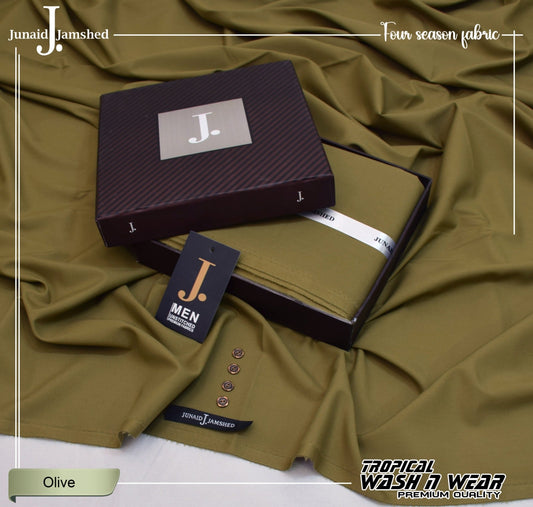 Junaid Jamshed Olive Green Tropical Premium Wash & Wear – Men’s Unstitched Four-Season Suit 2026
