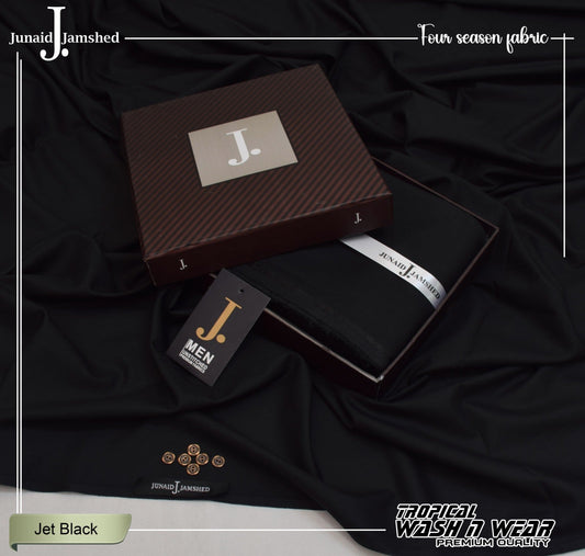 Junaid Jamshed Jet Black Tropical Premium Wash & Wear – Men’s Unstitched Four-Season Suit 2026
