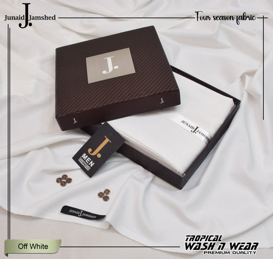 Junaid Jamshed Off White Tropical Premium Wash & Wear – Men’s Unstitched Four-Season Suit 2026